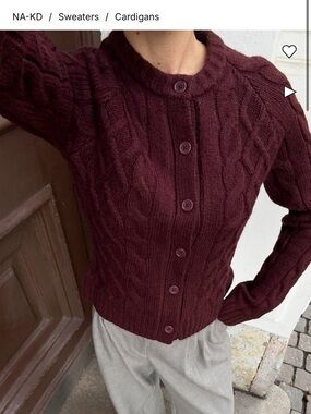 NA-KD Women's Burgundy Cable-Knit Button Cardigan
